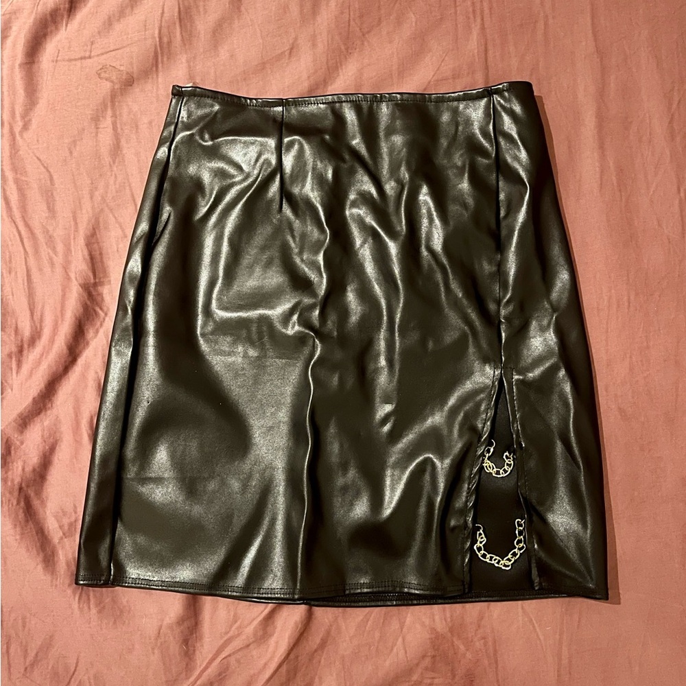 Black Faux Leather Skirt with Gold Chain Slit Detail